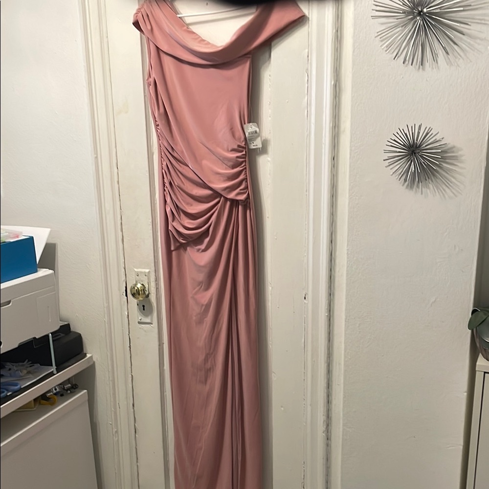 Pink shimmer Ruched One Shoulder Gown for Prom or Wedding